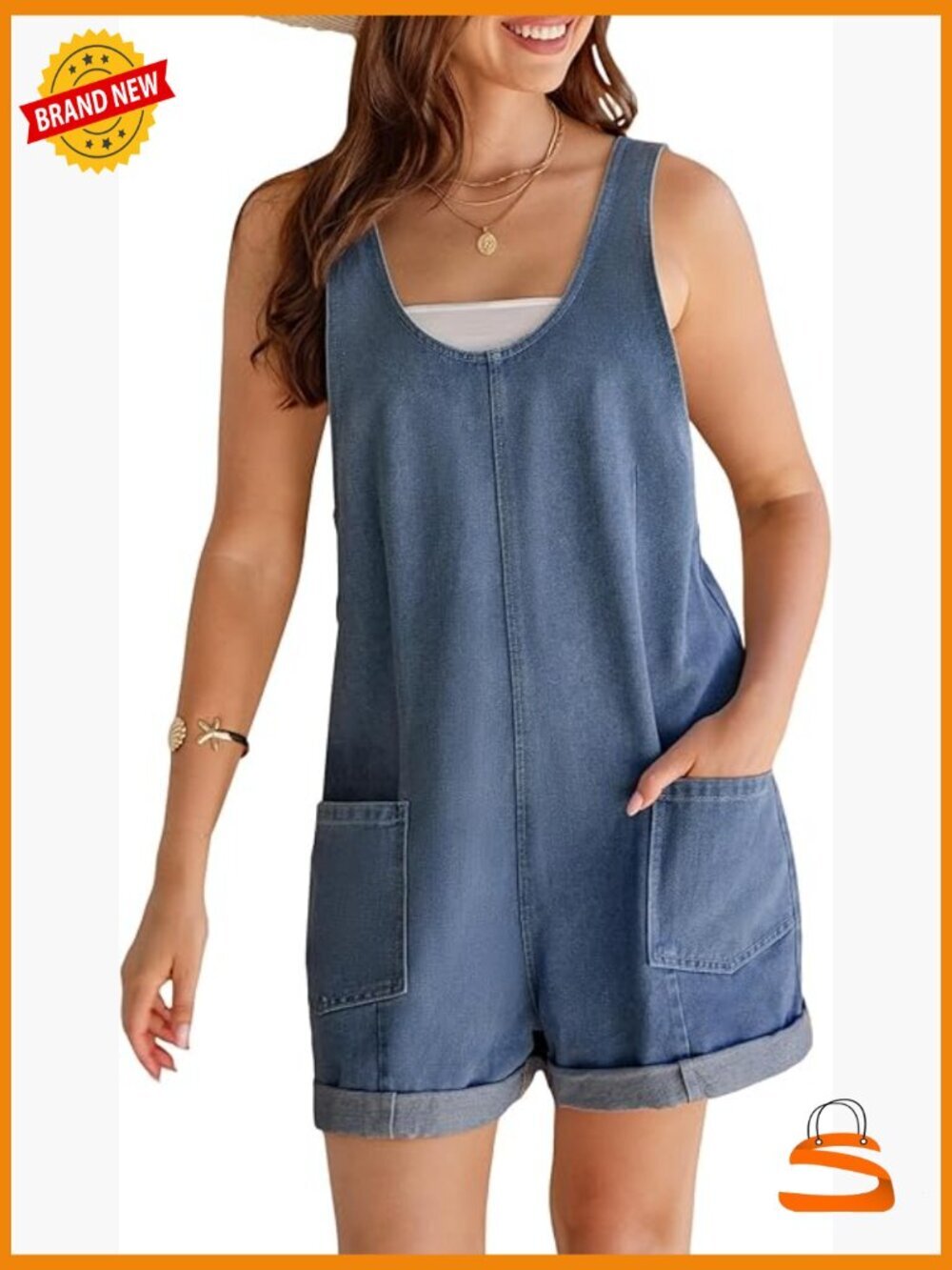Sleeveless Denim Overalls Romper with Pockets Rolled Cuff Casual Summer